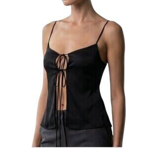Rumored Edelweiss Black Satin Tie Front Cami Top L NWT Coquette Chic Sexy Night
